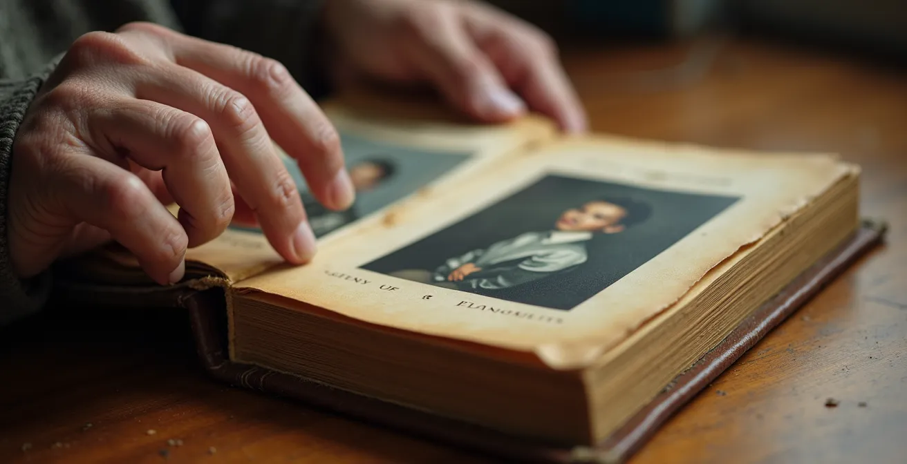 Mains tenant délicatement un vieil album photo de famille avec des souvenirs précieux visibles