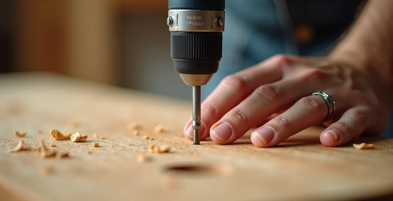 Gros plan sur des mains tenant une visseuse électrique près d'un panneau de particules, réglage du couple visible, lumière naturelle d'atelier