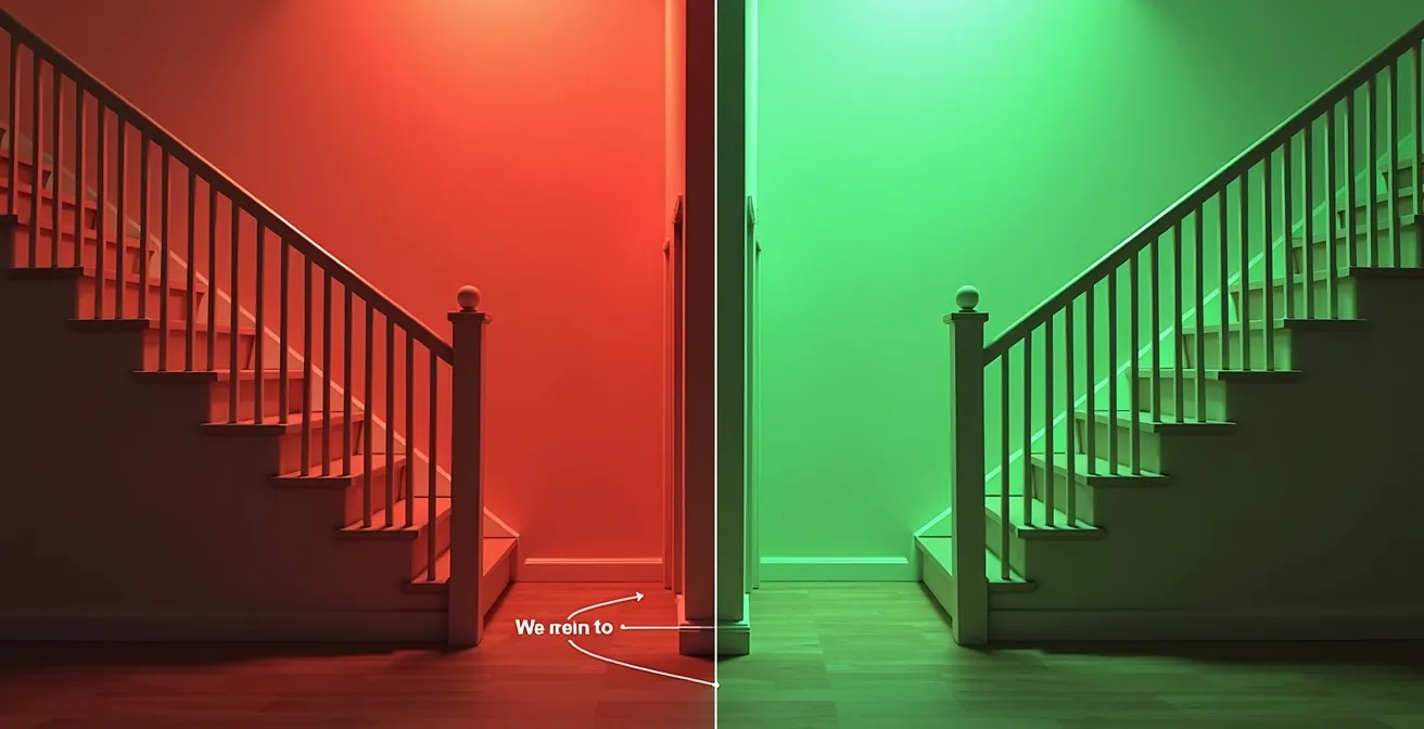 Vue de profil montrant l'impact de la longueur des courroies sur le centre de gravité lors du portage dans un escalier