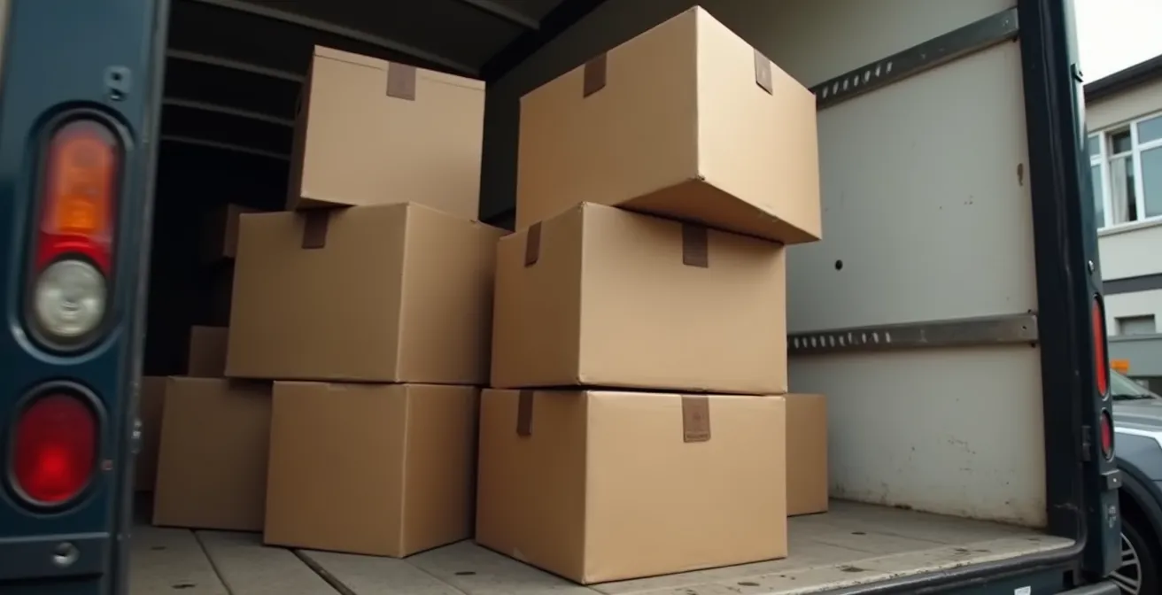 Vue latérale d'une pile de boîtes montrant l'affaissement d'une boîte partiellement vide au milieu