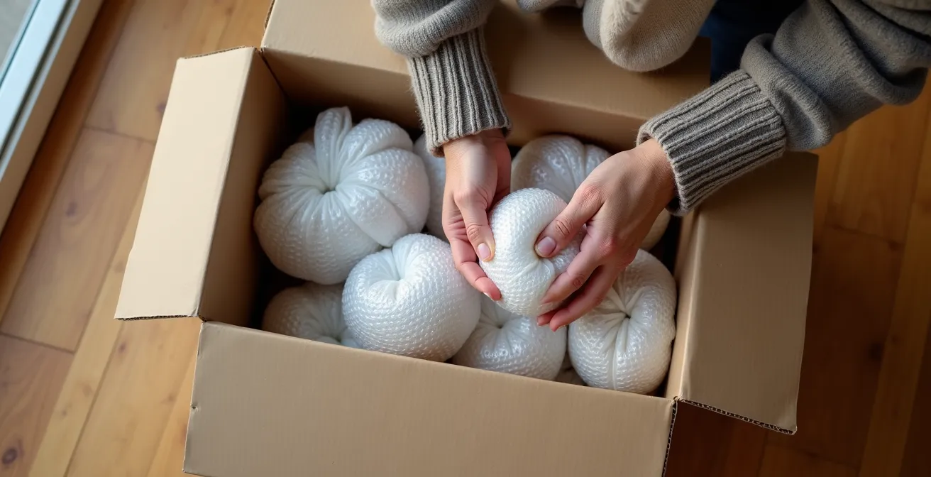 Vue plongeante d'un carton ouvert montrant des objets calés avec des boules de papier bulle et des alternatives québécoises comme des tuques et foulards