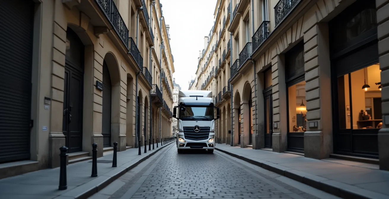 Perspective de rue pavée parisienne étroite avec immeubles haussmanniens créant un passage resserré