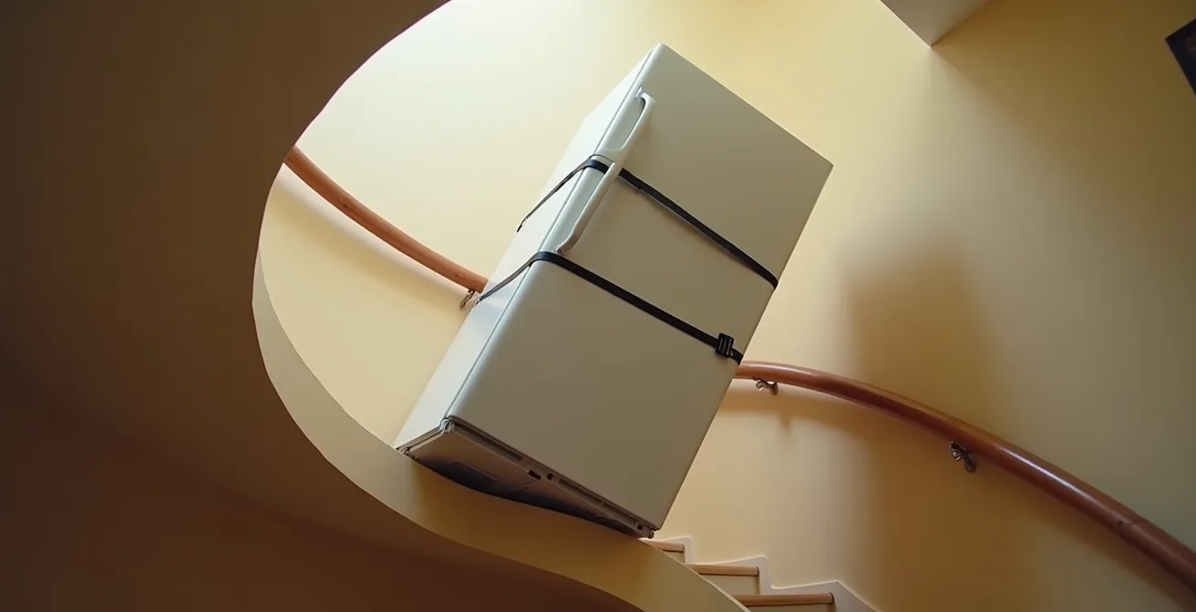 Vue latérale technique montrant le centre de gravité d'un réfrigérateur penché dans un escalier en colimaçon avec points d'appui stratégiques