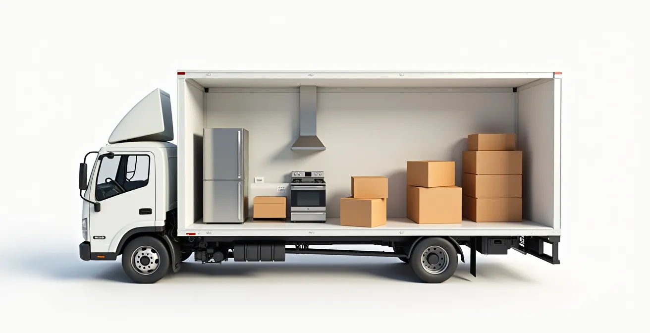 Coupe transversale d'un camion cube montrant la répartition idéale du poids avec électroménagers à l'avant et boîtes progressivement plus légères vers l'arrière
