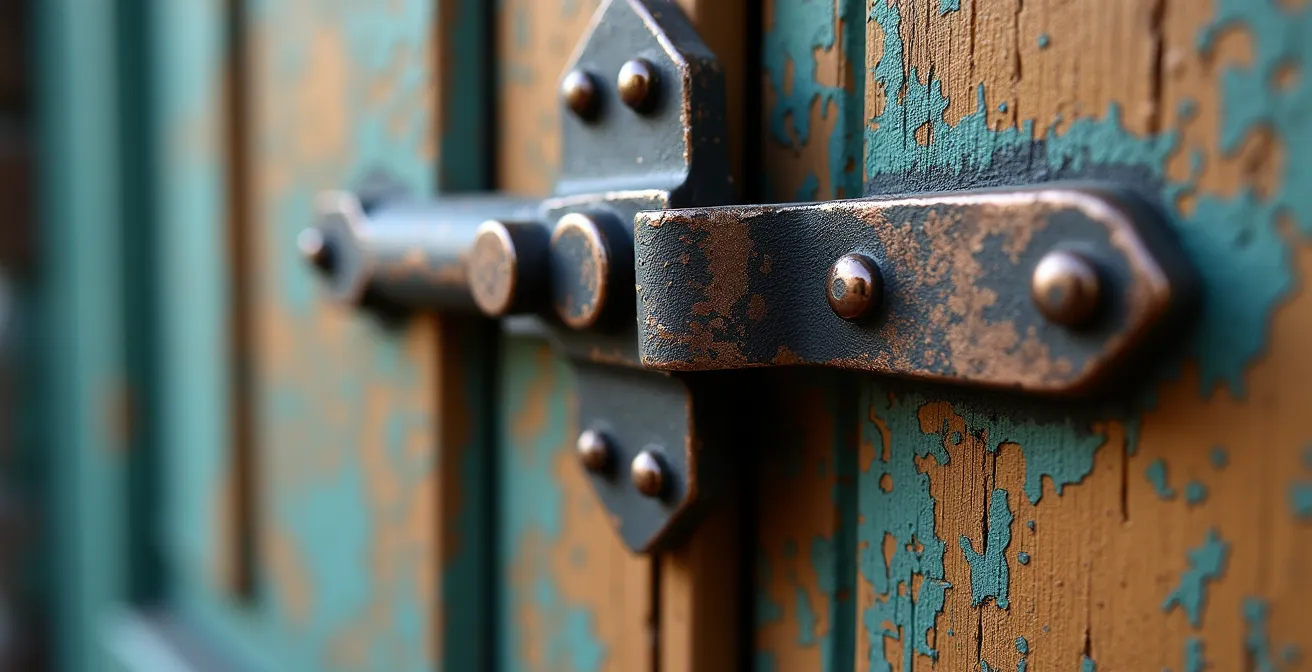 Gros plan sur une charnière ancienne avec des couches de peinture sur un cadre de porte en bois