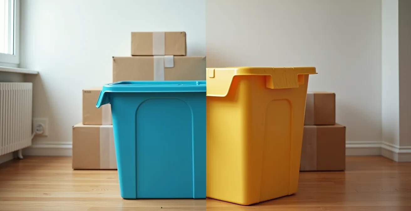 Rangée de bacs en plastique réutilisables empilés à côté de boîtes en carton pour déménagement dans un appartement québécois