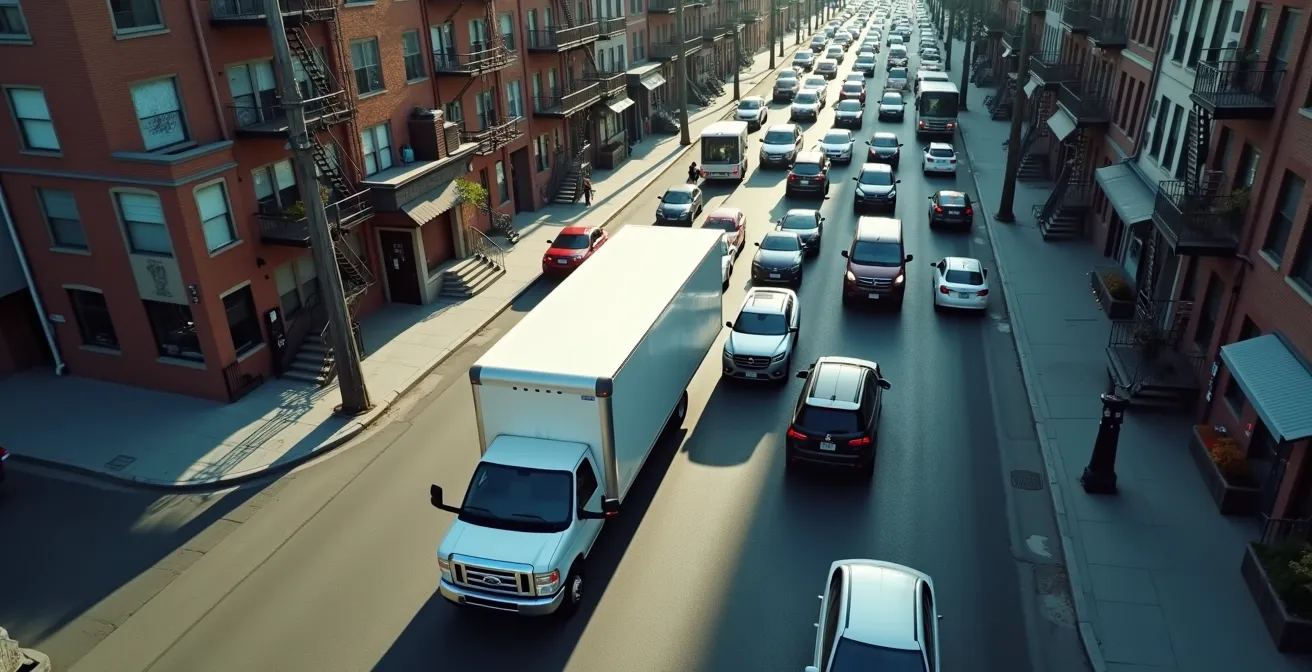 Vue aérienne d'un camion de déménagement dans la circulation dense du Plateau Mont-Royal