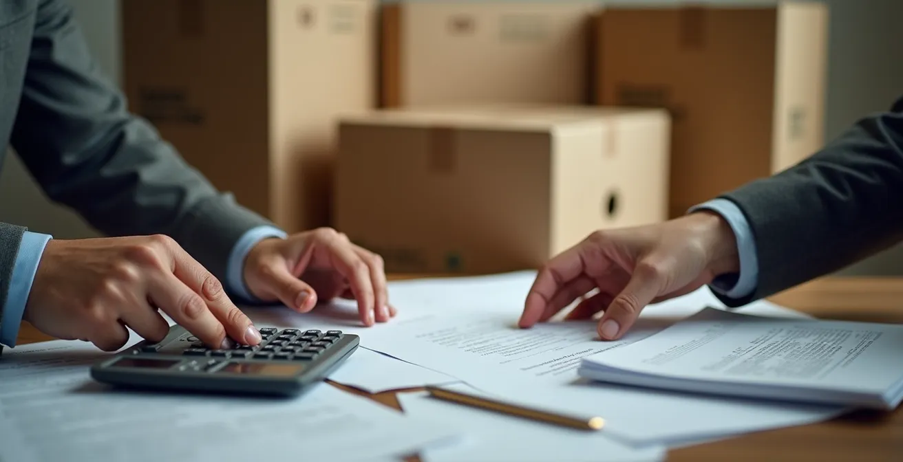 Deux personnes examinent des documents de devis dans un bureau avec des boîtes de déménagement en arrière-plan