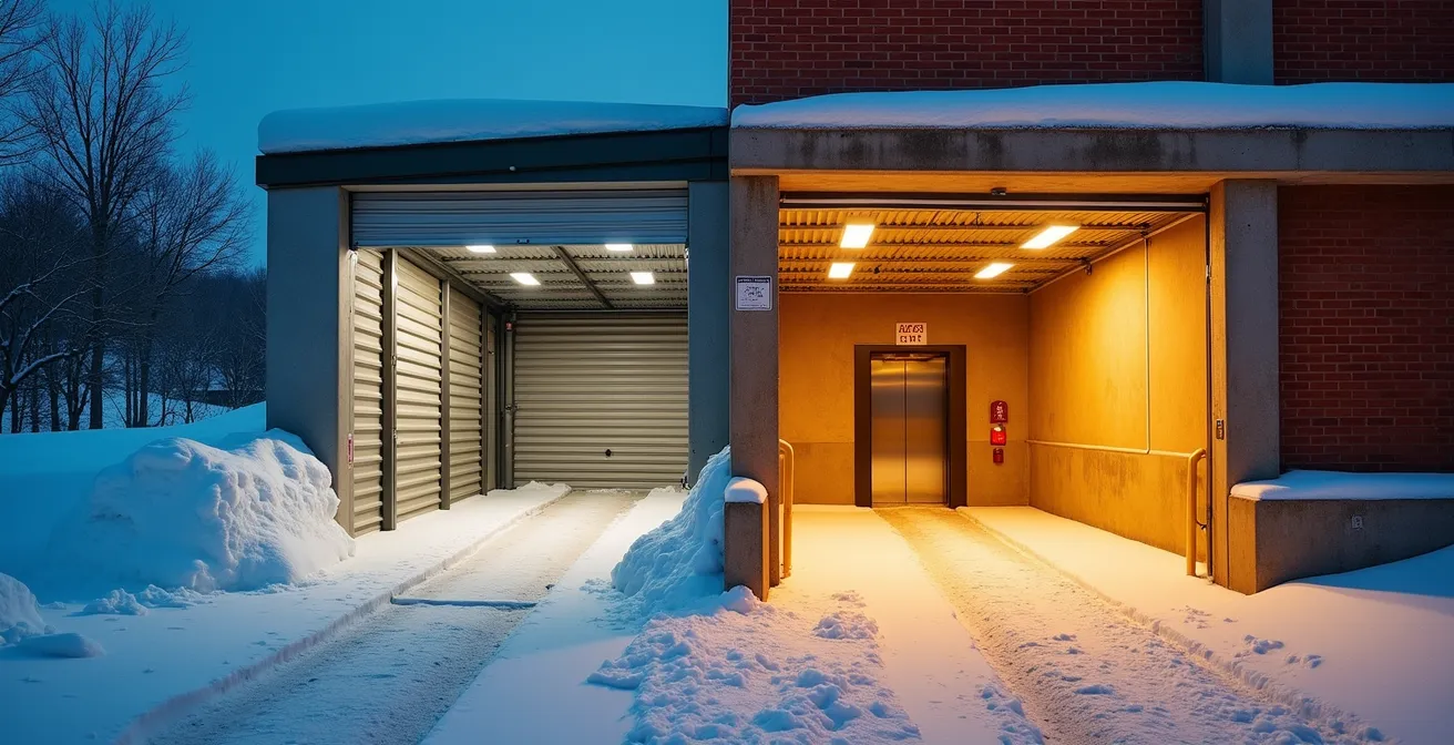 Vue comparative d'un accès drive-up enneigé et d'un quai de chargement intérieur protégé en hiver