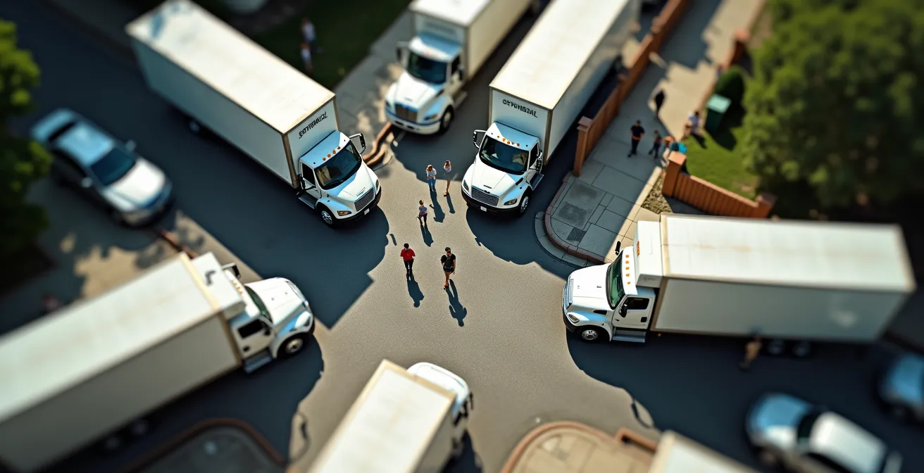 Vue aérienne de plusieurs camions de déménagement dans une rue résidentielle de Montréal