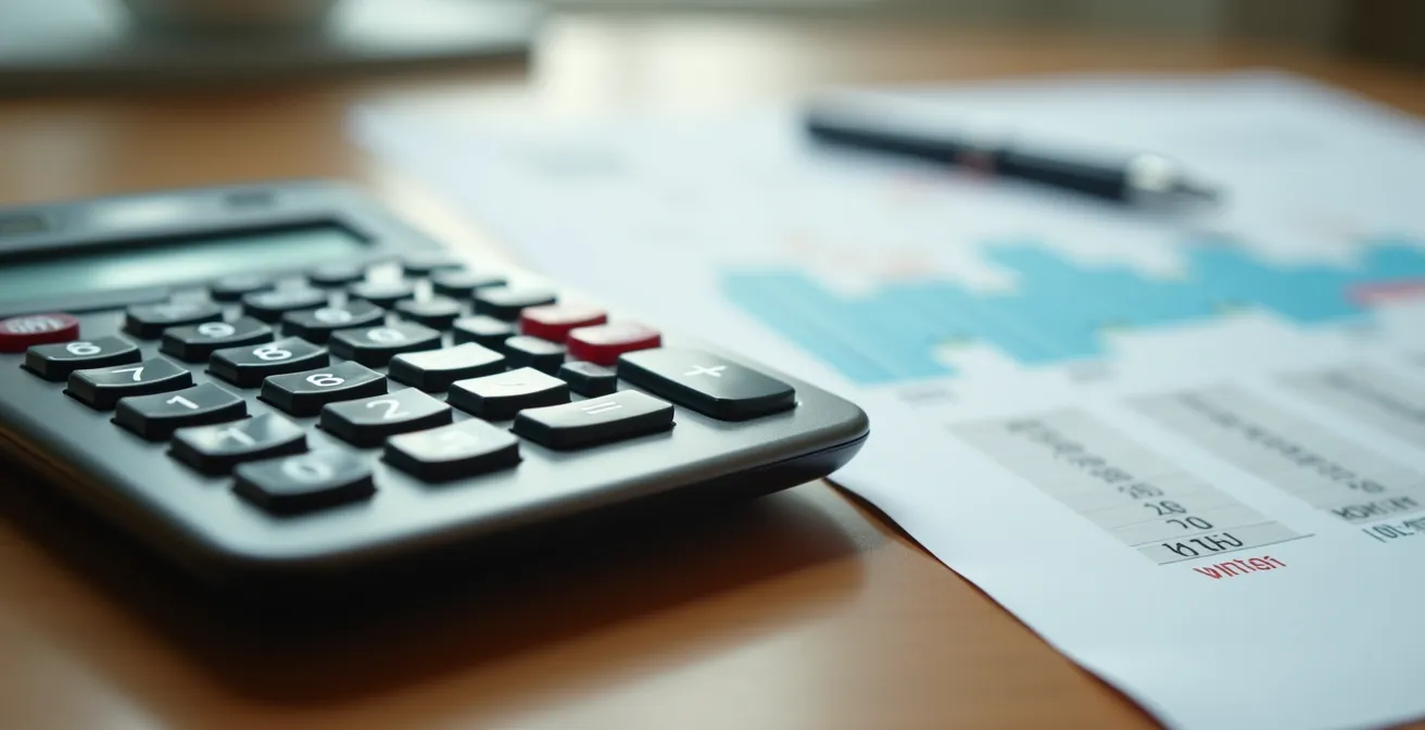 Bureau avec calculatrice, calendrier saisonnier et documents de contrat d'entreposage