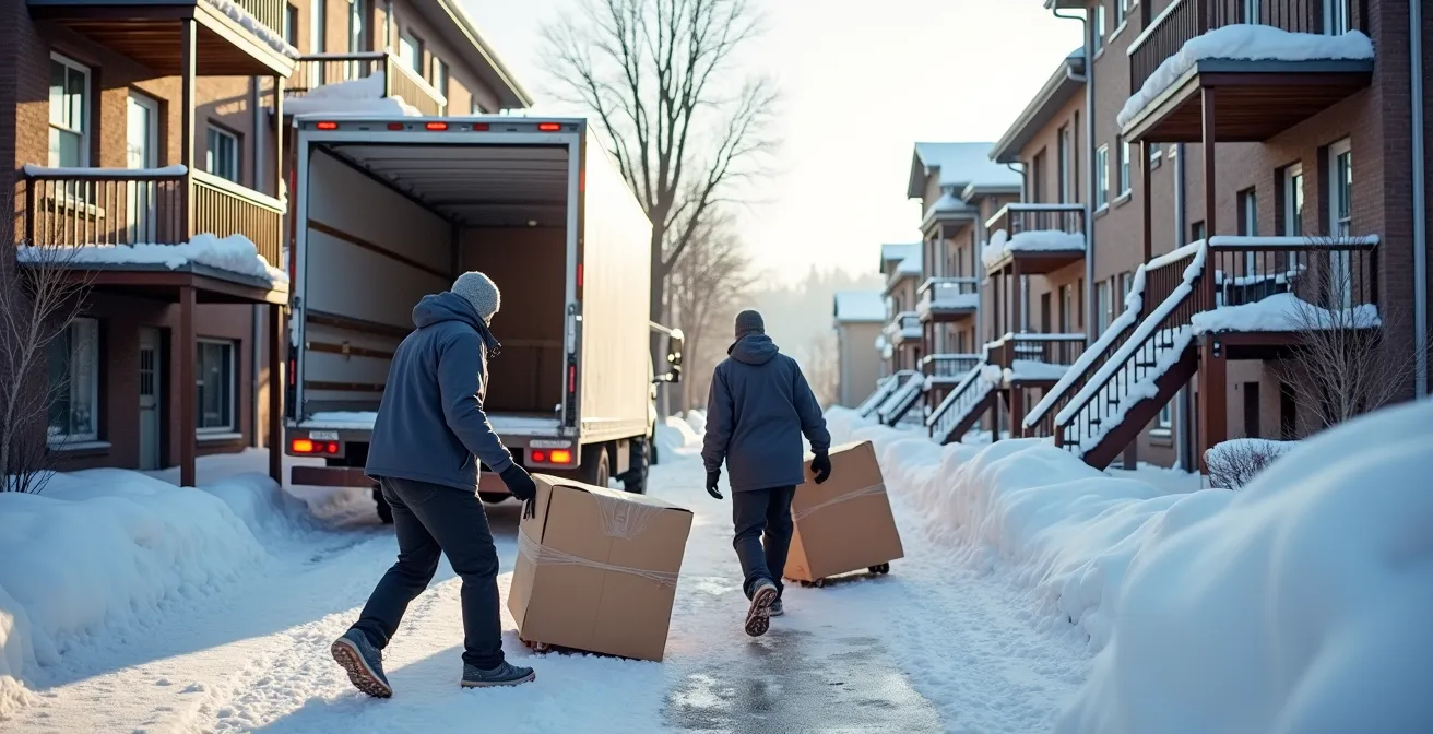 Équipe de déménageurs professionnels travaillant efficacement dans la neige québécoise, illustrant un service clé en main en basse saison.
