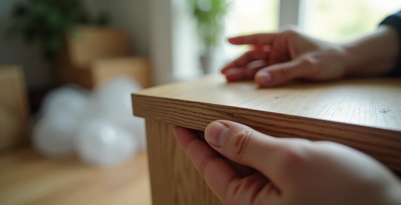 Personne documentant l'état d'un meuble avec un smartphone avant déménagement