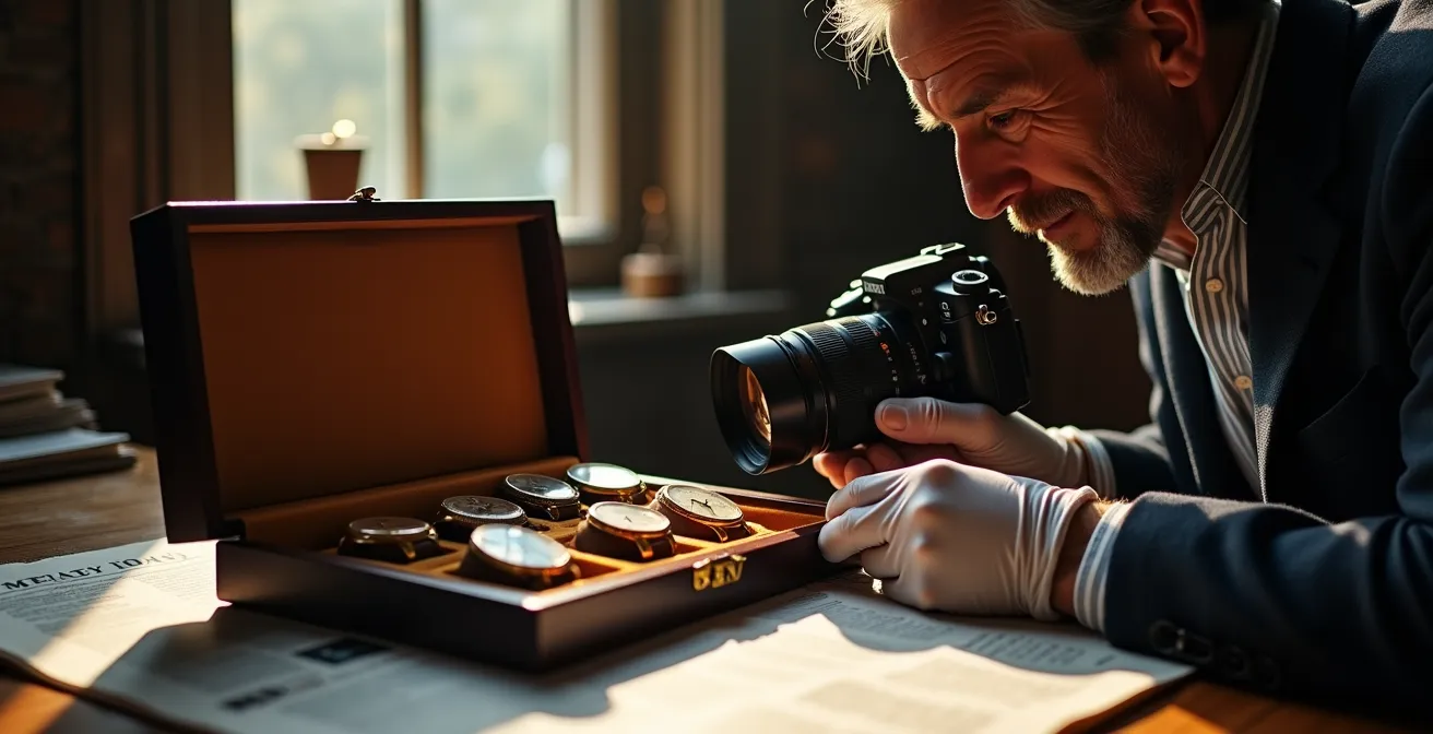 Préparation professionnelle d'une documentation vidéo 4K d'objets de collection avant déménagement