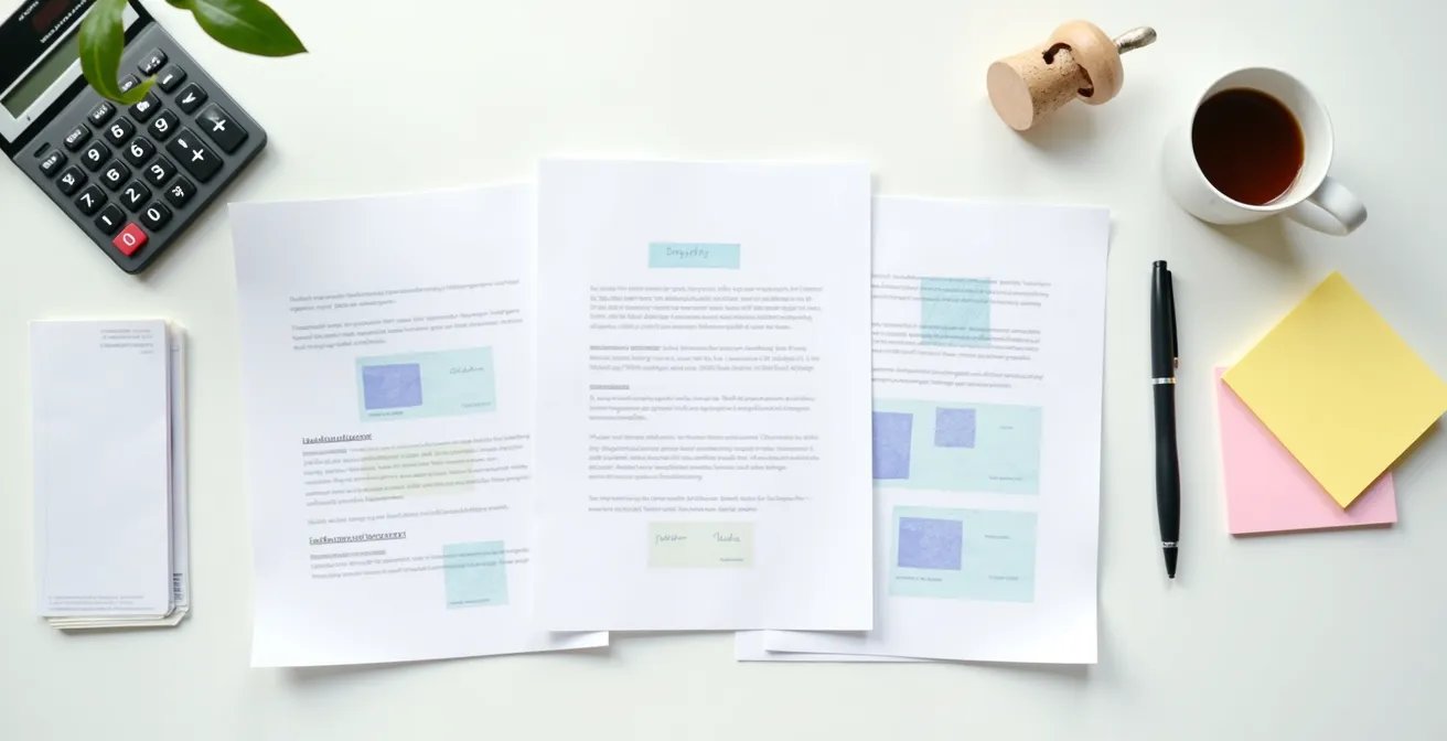 Vue aérienne de documents de réclamation organisés sur un bureau avec une calculatrice et un stylo.