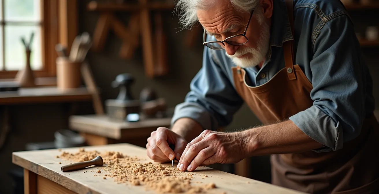 Ébéniste qualifié travaillant sur la restauration d'un meuble ancien dans son atelier traditionnel québécois