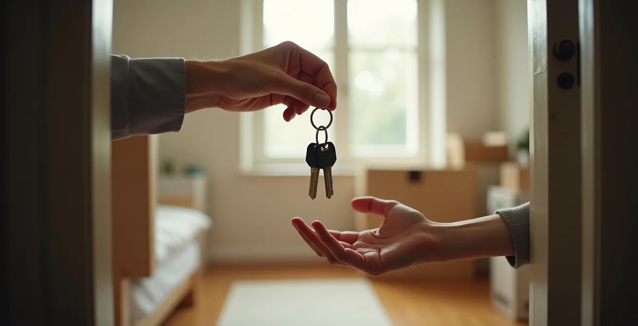 Deux personnes échangeant des clés dans l'entrée d'un appartement avec boîtes en arrière-plan