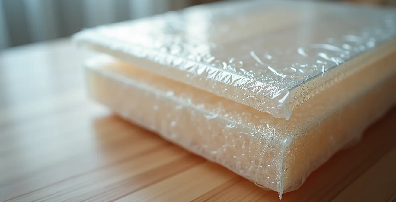 Gros plan sur texture de film plastique étirable avec reflets lumineux et couches de protection visibles