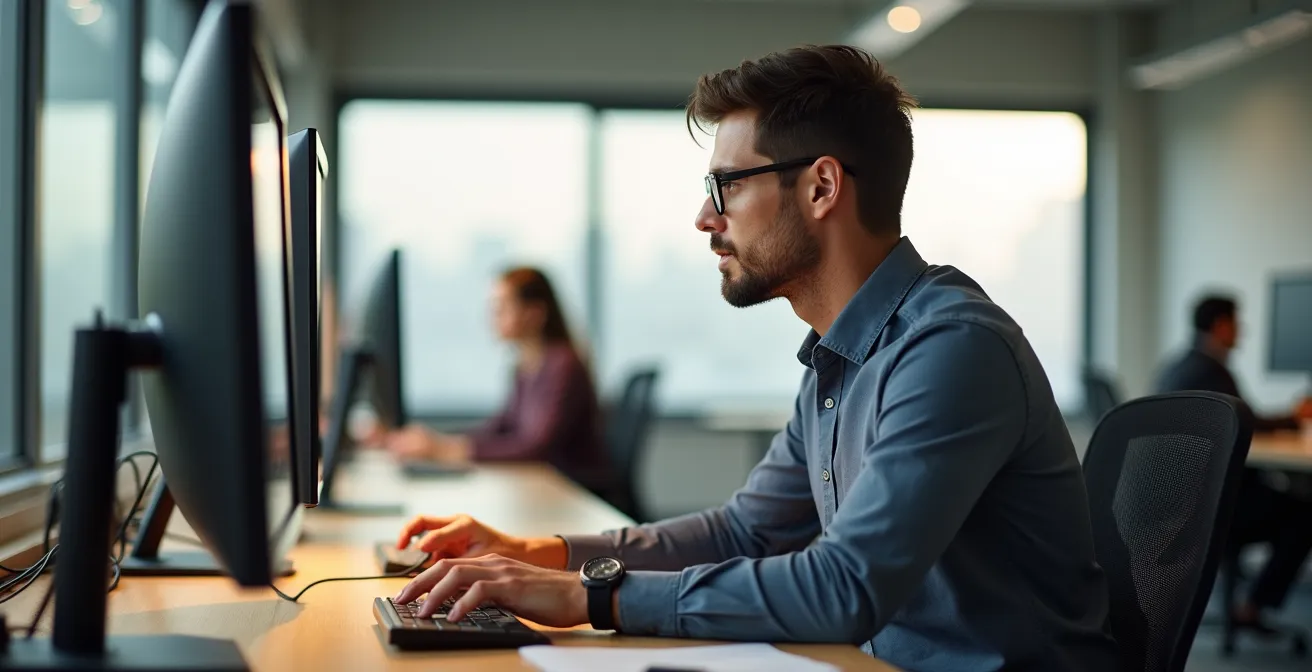 Employé ajustant son nouveau poste de travail avec expression de concentration