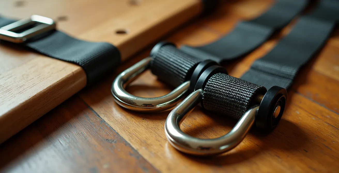 Équipement professionnel de déménagement incluant sangles, harnais et chariot spécialisé disposés sur un plancher de bois franc