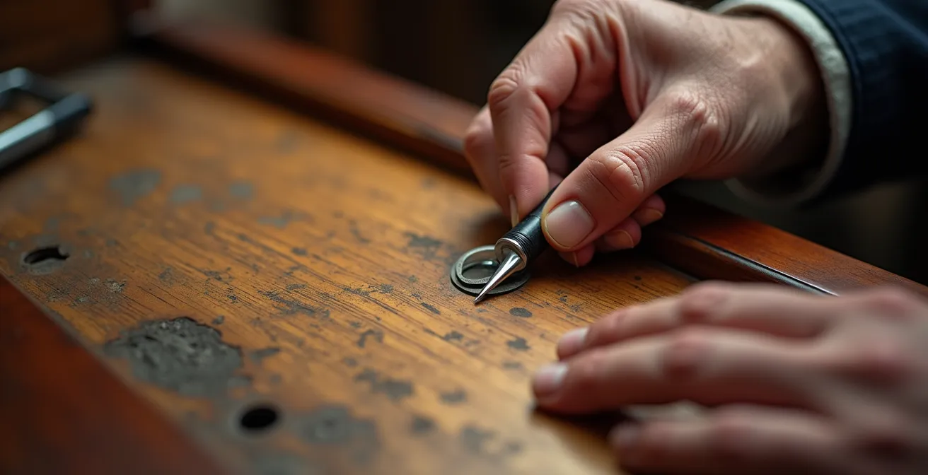 Expert évaluateur examinant un piano à queue dans un salon québécois avec certificat flou en arrière-plan
