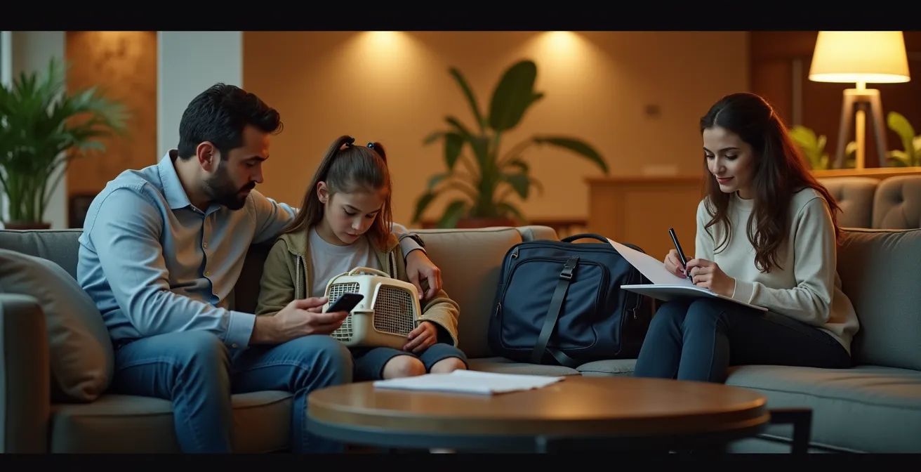 Famille avec chat dans le hall d'un hôtel entourée de valises et sacs de voyage