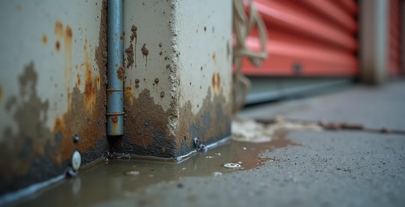 Détails macro de signes d'infiltration d'eau sur un mur d'entrepôt avec condensation visible
