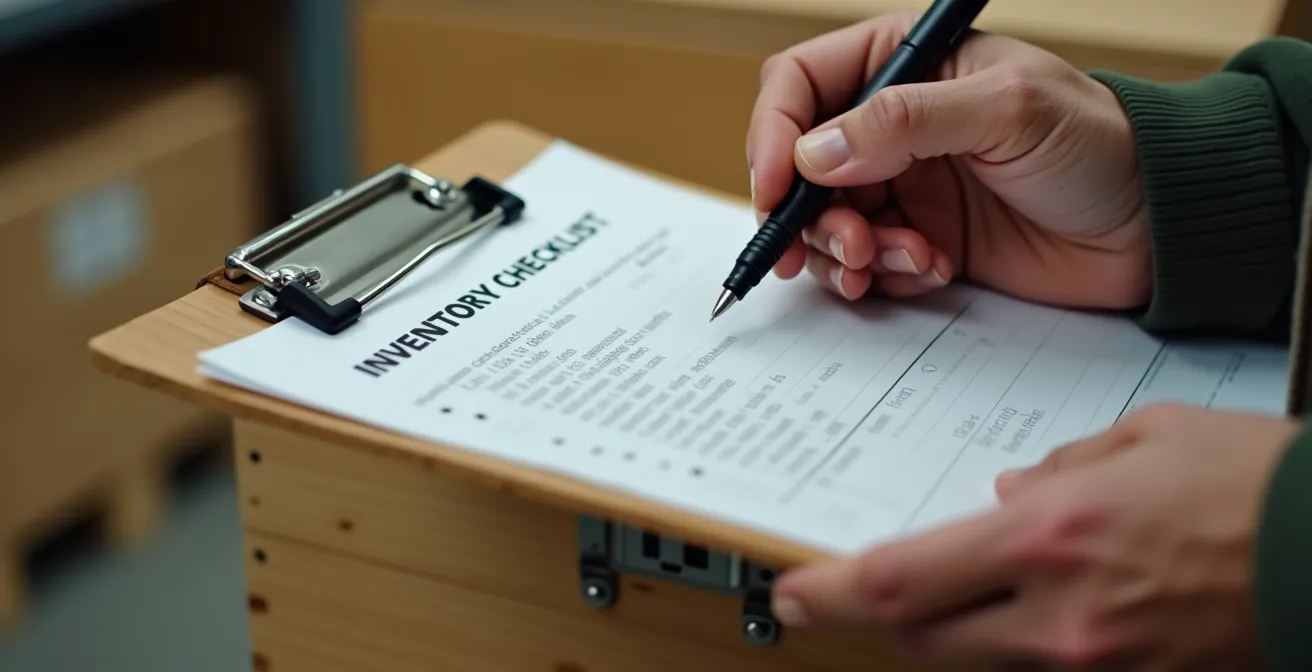 Gros plan sur des mains tenant un inventaire détaillé près d'un cube de garde-meuble avec un stylo posé sur le document