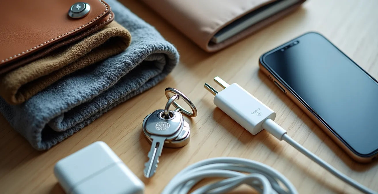 Vue macro détaillée d'objets essentiels pour un déménagement : documents, clés, chargeurs et vêtements pliés