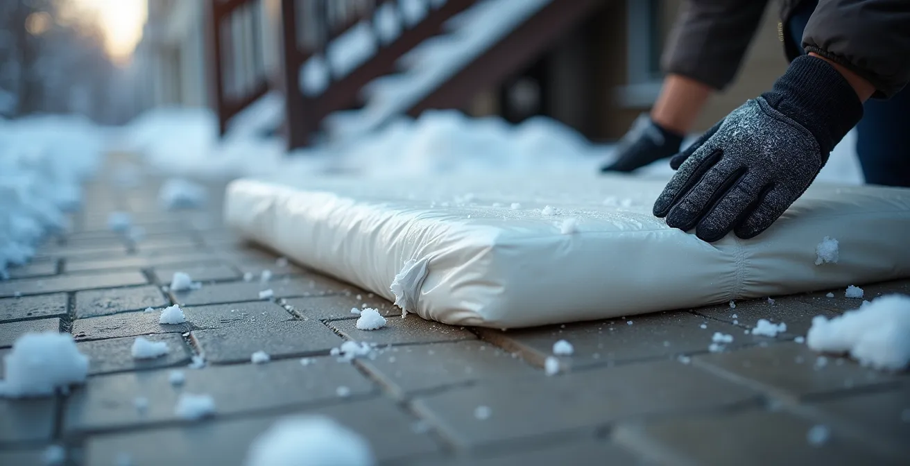 Vue rapprochée d'une housse de matelas déchirée sur un trottoir en béton avec traces de sel de déglaçage