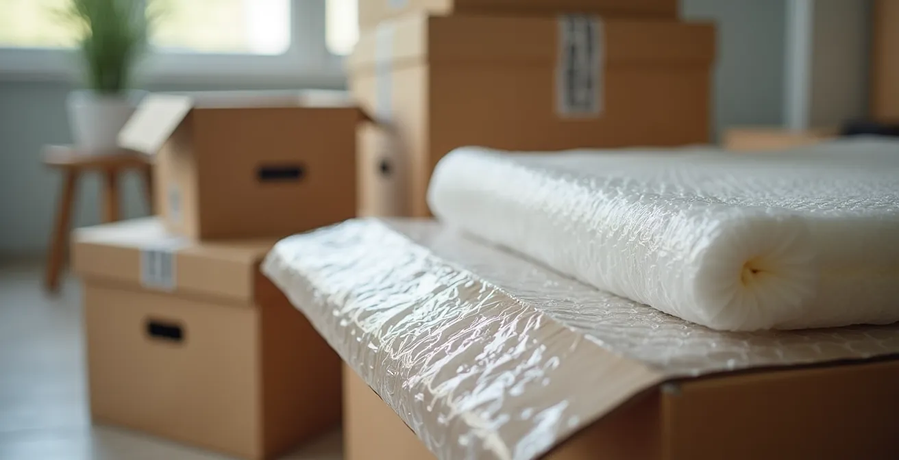Gros plan sur du matériel d'emballage professionnel incluant boîtes garde-robe, papier bulle et housses de matelas