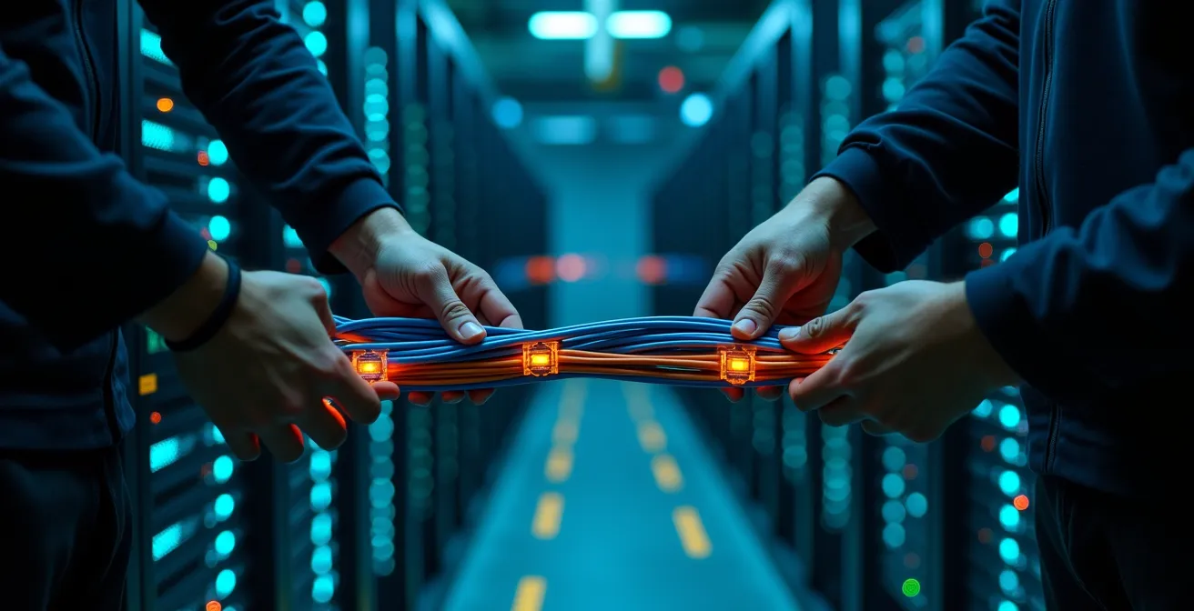 Techniciens IT travaillant de nuit sur la migration de serveurs dans un centre de données