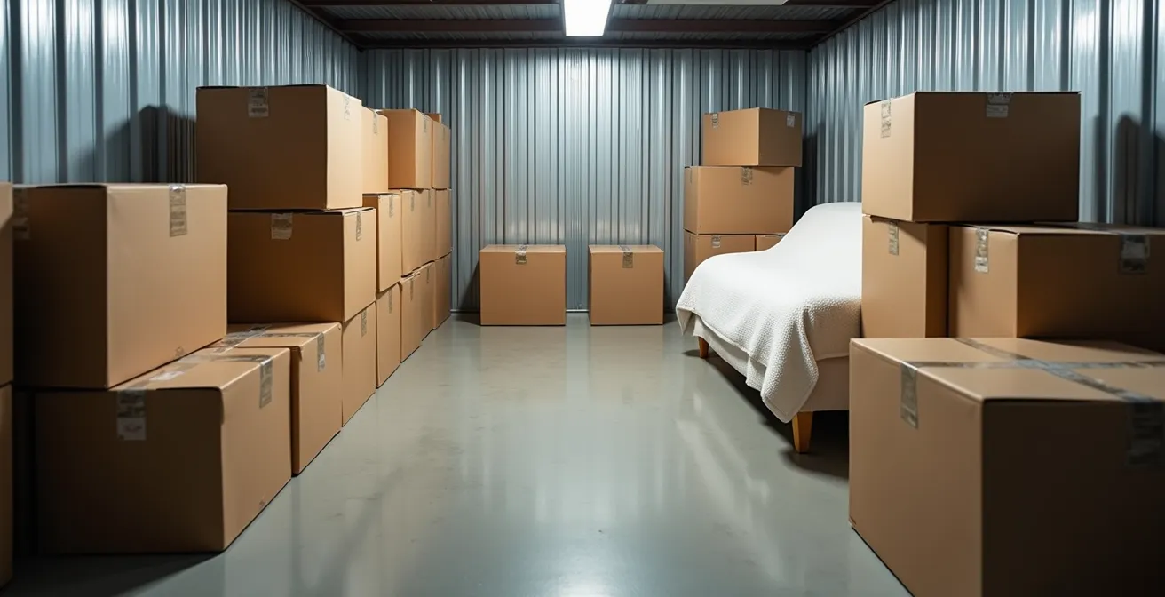 Vue aérienne d'une unité de stockage organisée avec un chemin en U et des absorbeurs d'humidité visibles