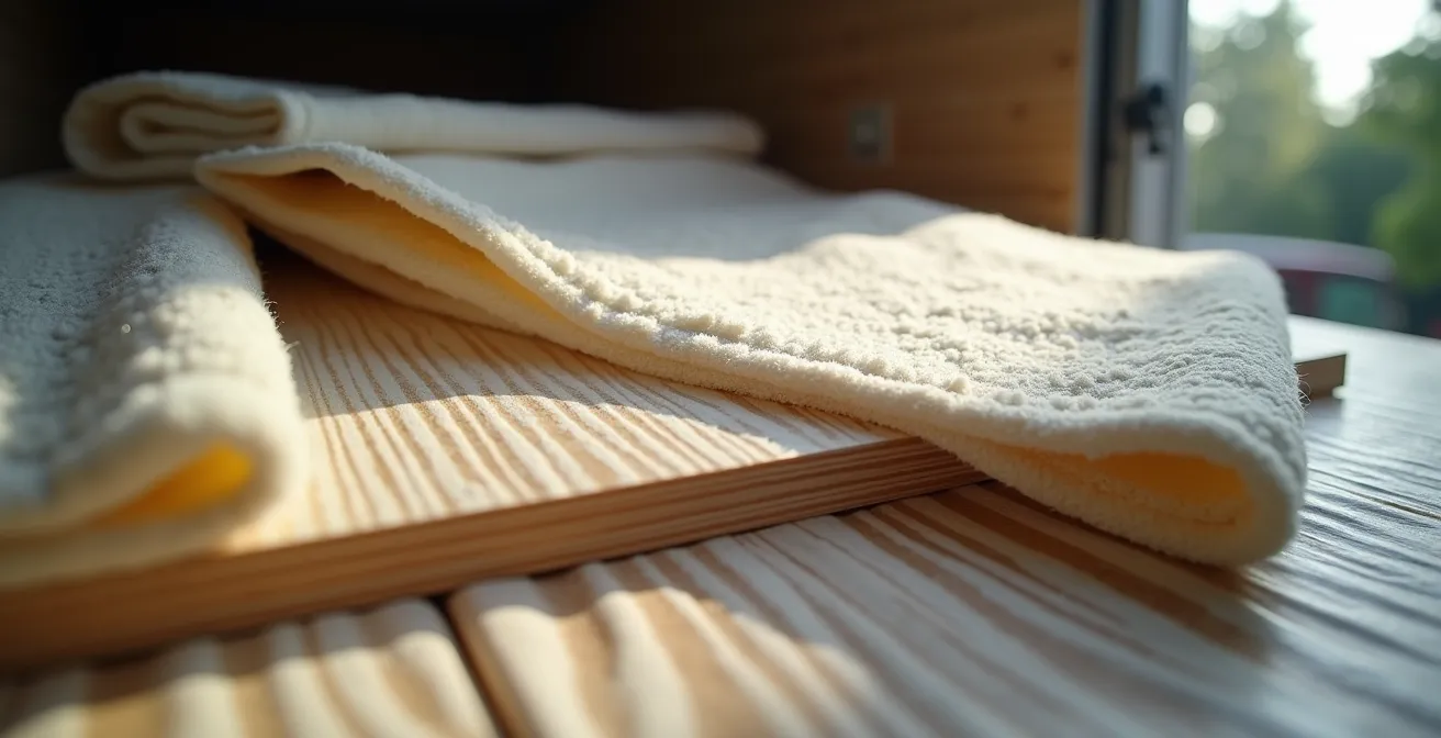 Panneaux de meubles démontés rangés verticalement dans un camion avec protection entre chaque planche