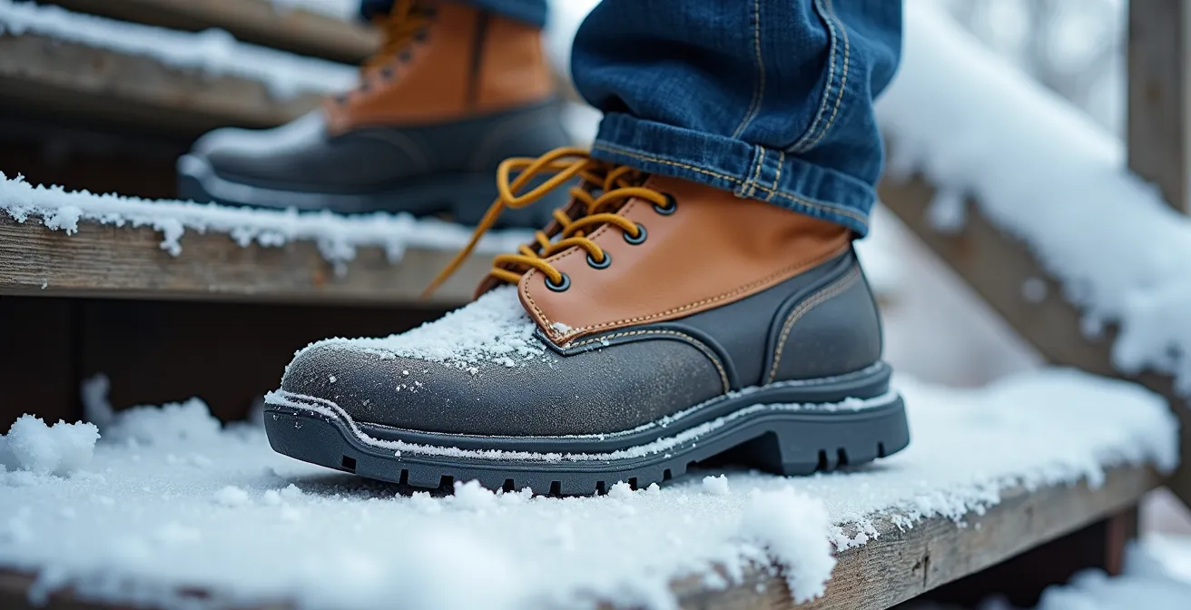 Gros plan sur le positionnement sécuritaire des pieds lors de la descente d'un escalier extérieur enneigé avec une charge lourde