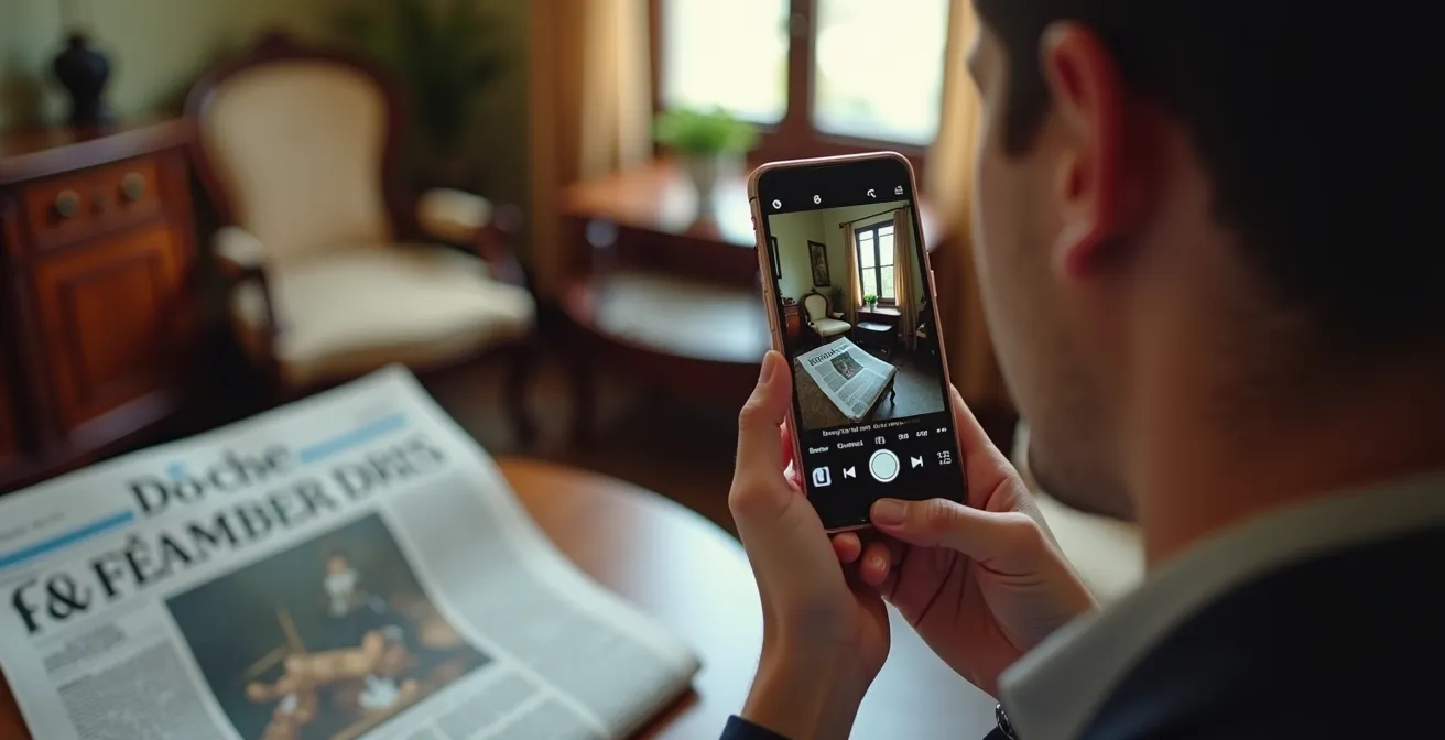 Mains tenant un téléphone filmant des meubles avec journal visible montrant la date