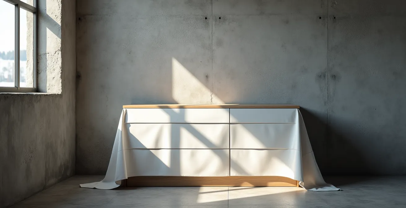 Meuble en bois recouvert d'un drap blanc dans une unité d'entreposage avec condensation visible sur les murs