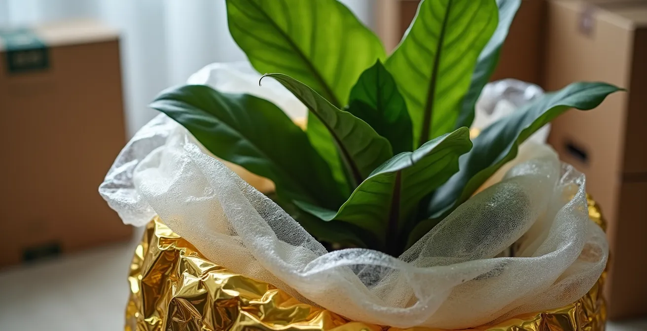 Plante d'intérieur emballée avec soin dans du papier bulle et une couverture de survie dorée