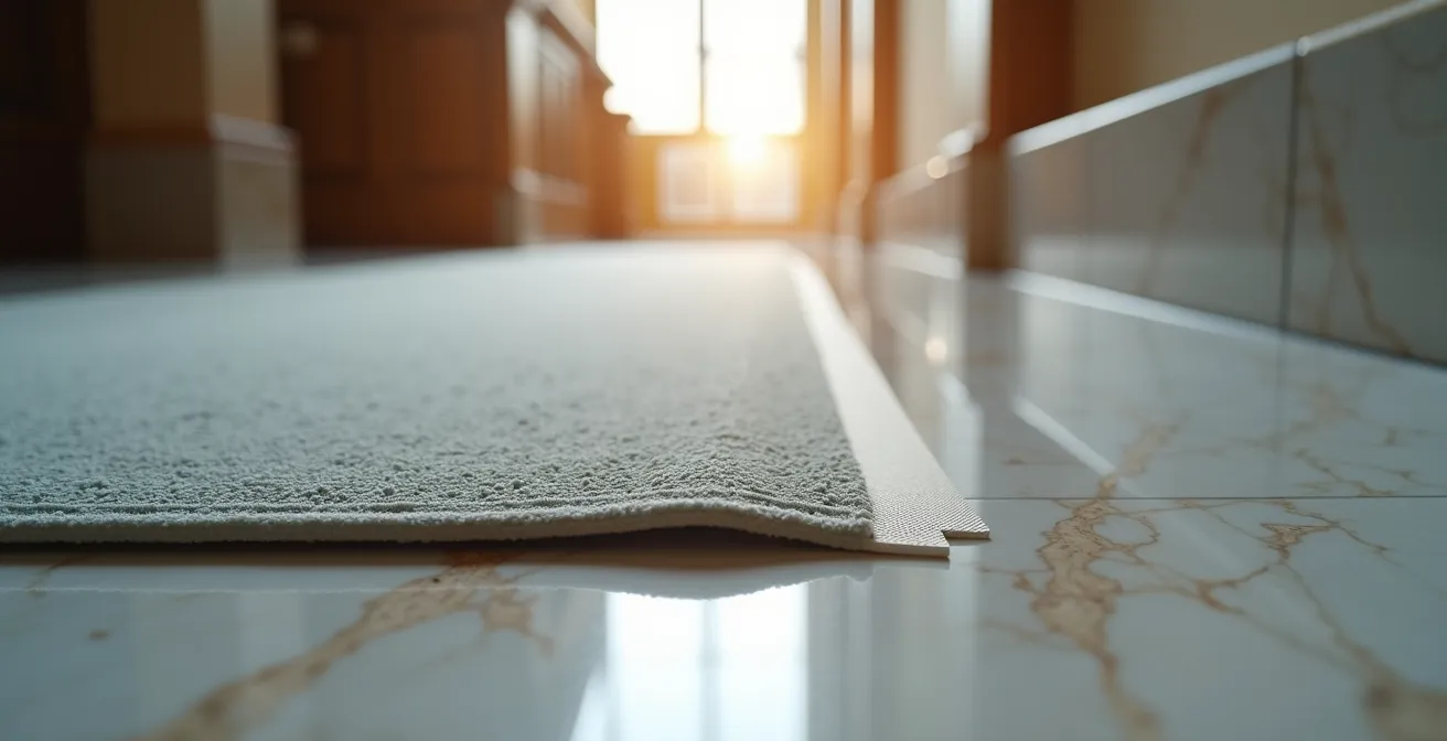 Gros plan sur tapis de protection en néoprène installé dans un corridor de condo avec texture antidérapante visible