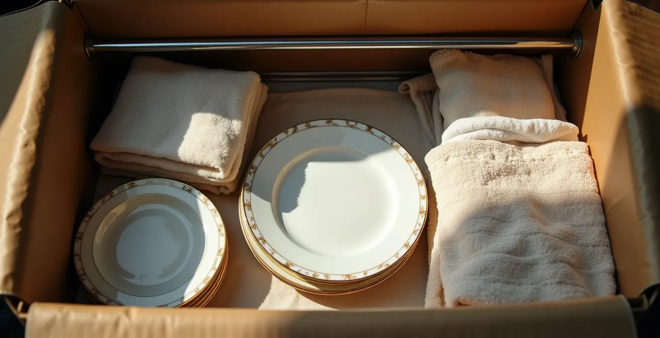 Vue plongeante d'une boîte garde-robe ouverte avec textiles protégeant de la vaisselle ancienne