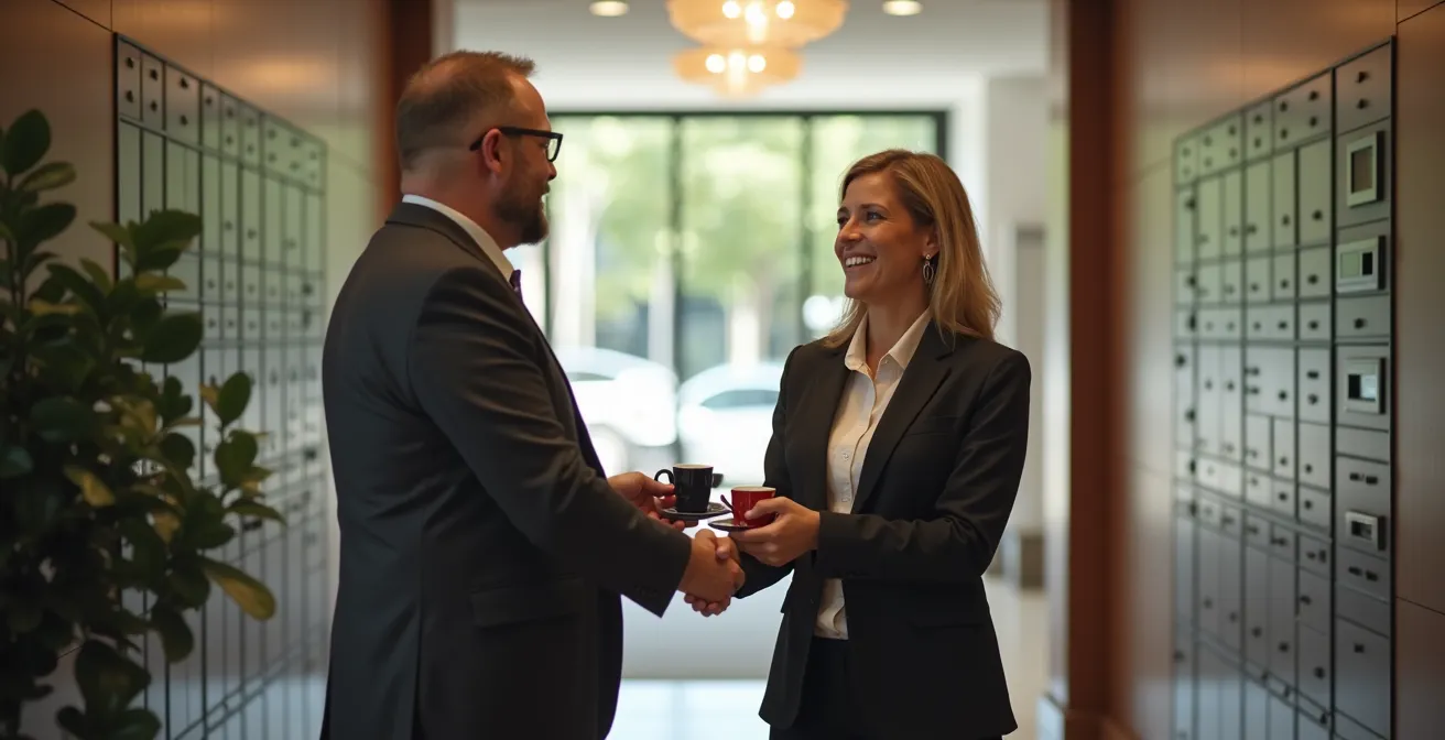 Scène chaleureuse d'échange entre nouveau résident et concierge dans le hall d'un immeuble résidentiel québécois