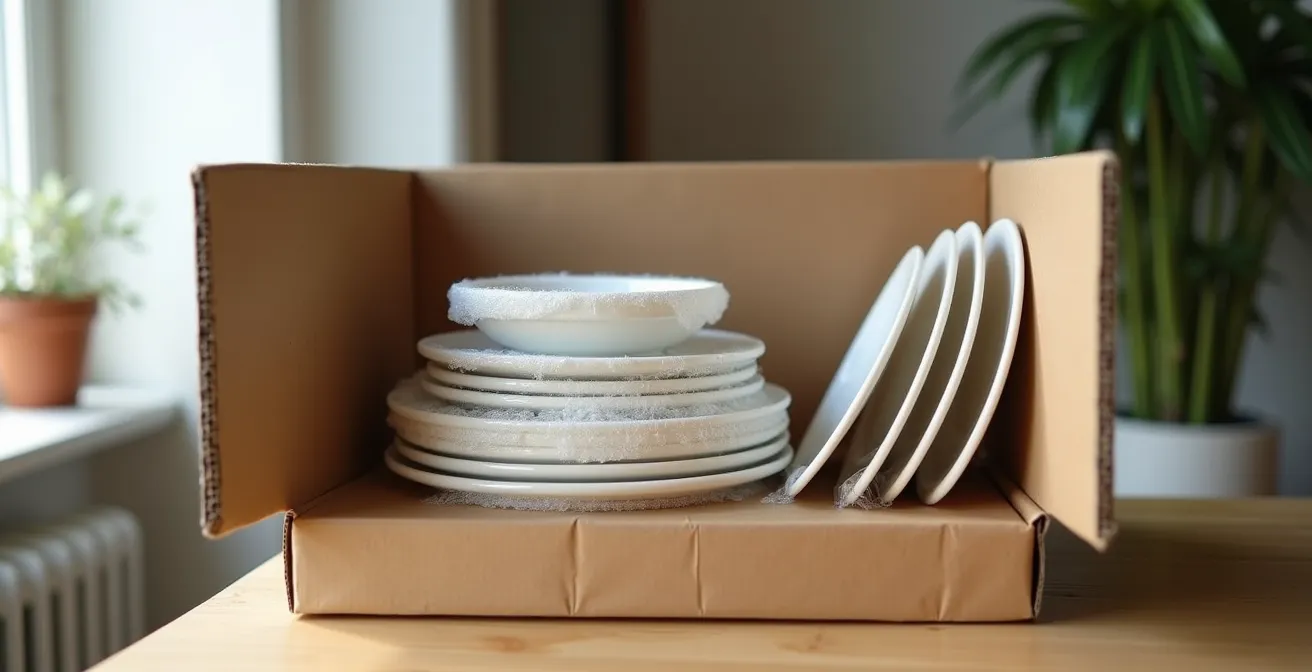 Coupe transversale montrant les couches de protection avec carton, papier bulle et assiettes emballées