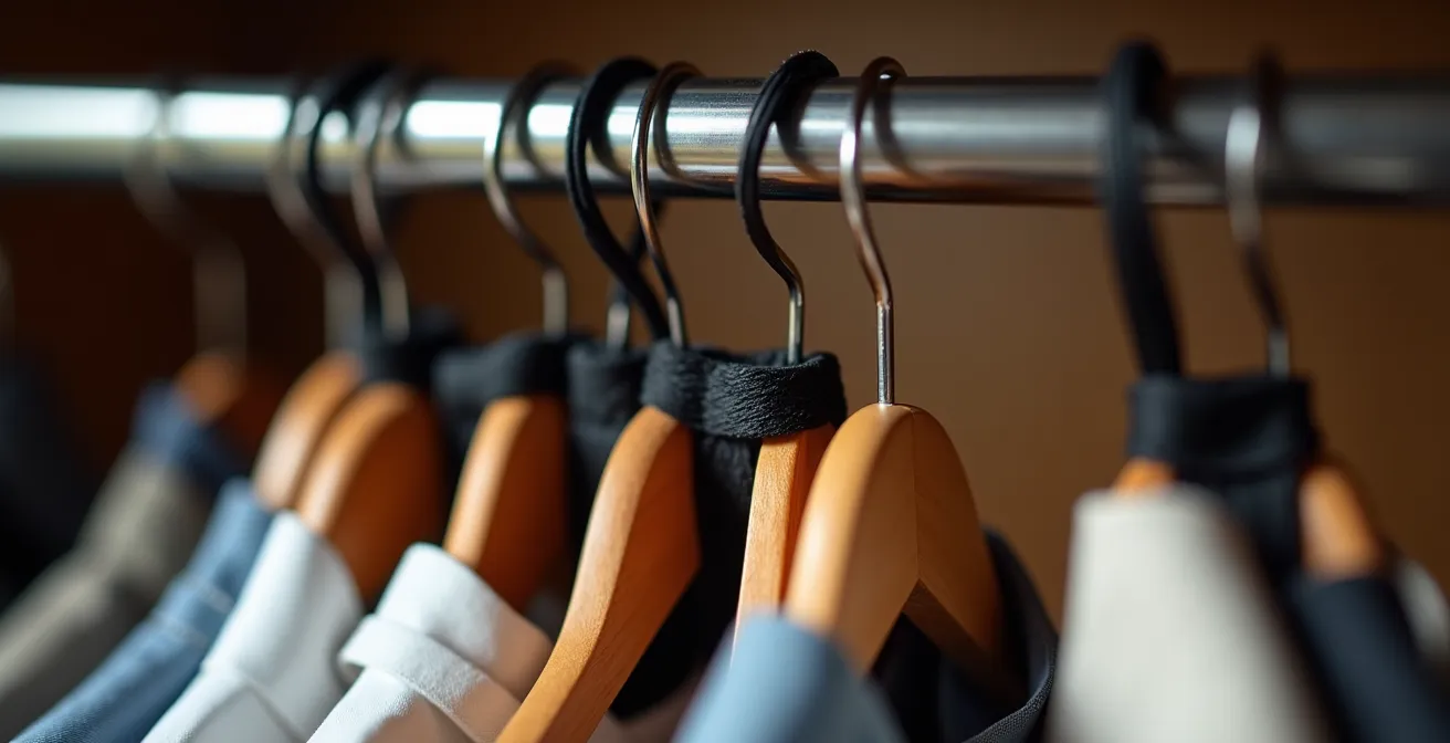 Gros plan sur des cintres attachés ensemble avec des serre-câbles dans une boîte garde-robe