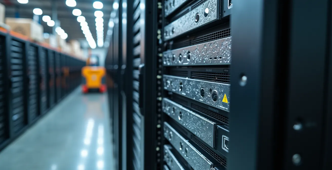 Gros plan sur équipement serveur avec matériel de protection antistatique visible