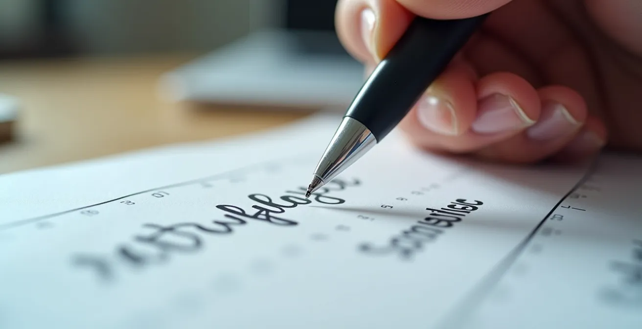 Main écrivant des réserves sur un document de déménagement avec des cartons en arrière-plan.