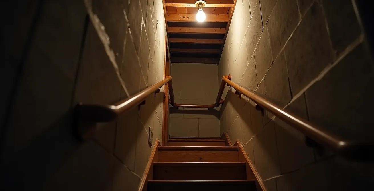 Vue plongeante d'un escalier étroit en pin typique des sous-sols québécois