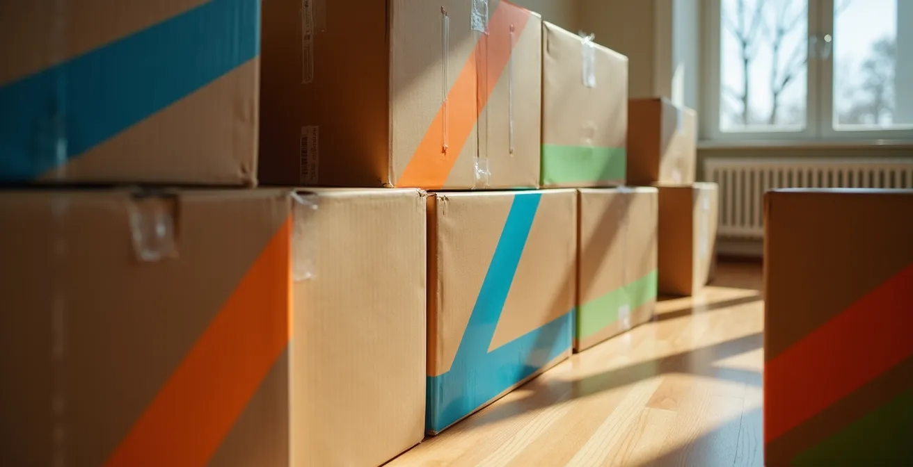 Système d'étiquetage coloré sur des boîtes de déménagement avec ruban adhésif orange vif