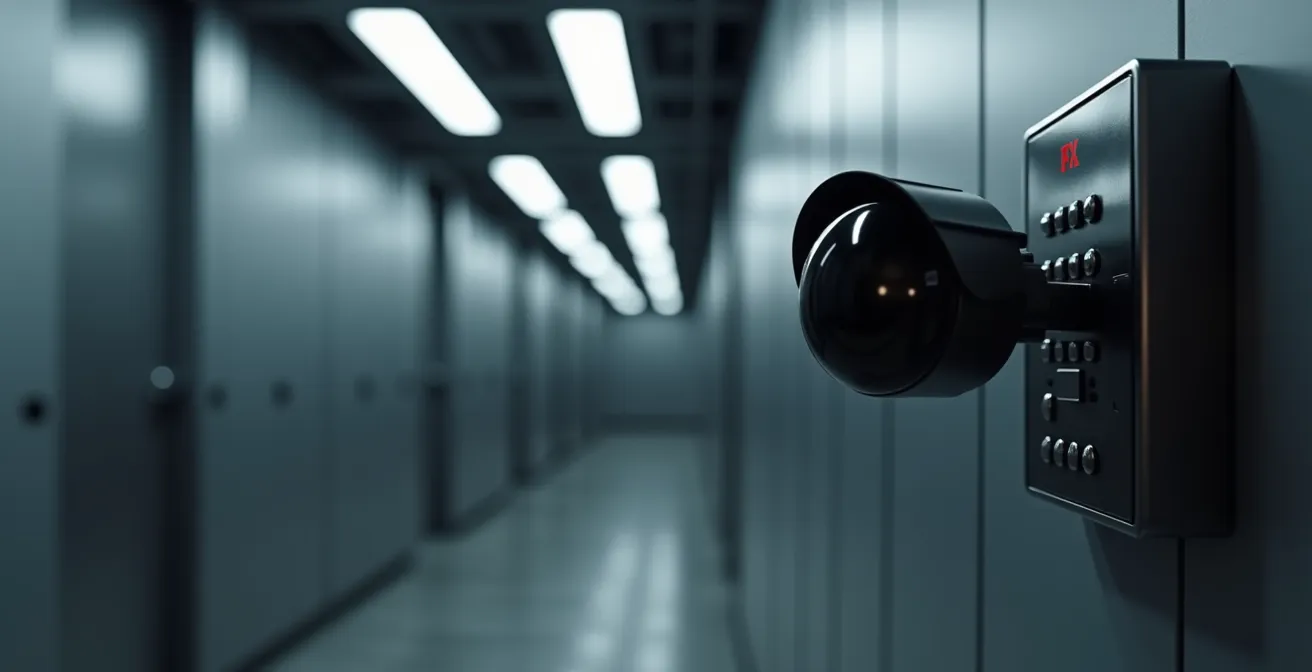 Système de sécurité moderne avec caméras de surveillance et lecteur de carte d'accès dans un entrepôt