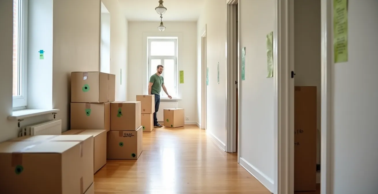 Système de zonage par couleur dans un appartement avec boîtes marquées et portes identifiées