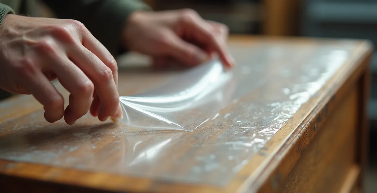 Démonstration de l'application de pellicule plastique sur une commode avec tiroirs